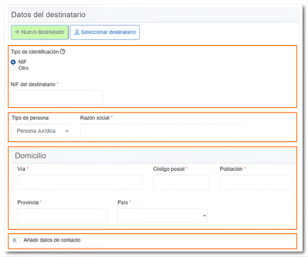 Datos nuevo destinatario.