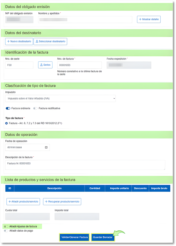 Apartados del formulario.