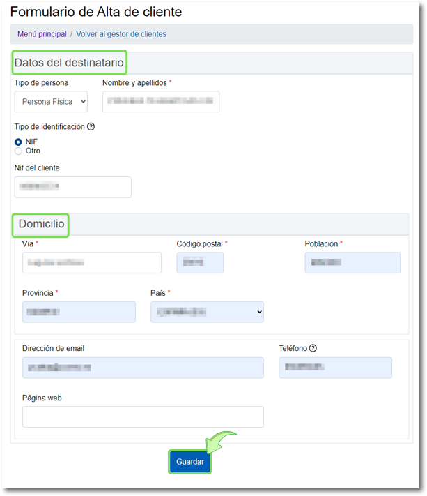 Guardar nuevo cliente