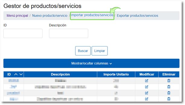 Importar productos/servicios