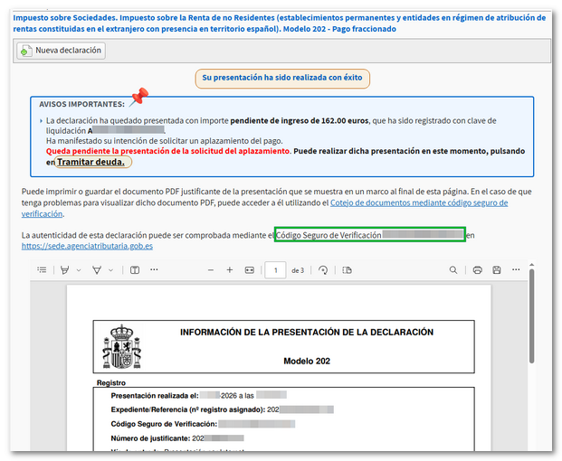 Justificante de presentaci&oacute;n realizada con &eacute;xito y opci&oacute;n de tramitar deuda si procede
