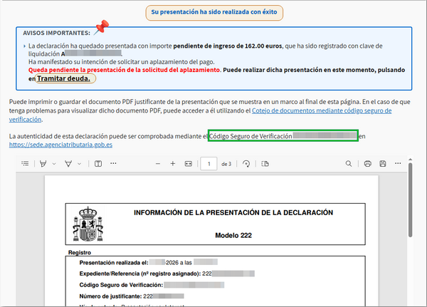 Justificante de presentaci&oacute;n realizada con &eacute;xito y opci&oacute;n de tramitar deuda si procede