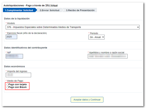 Select card or Bizum