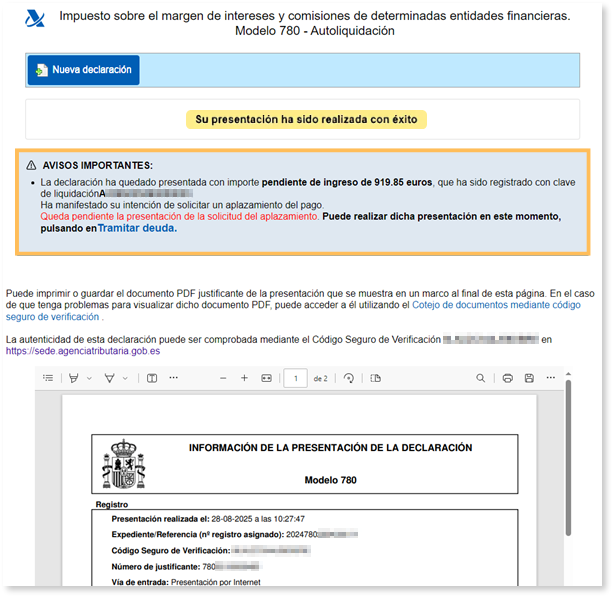 Proof of submission of form 780