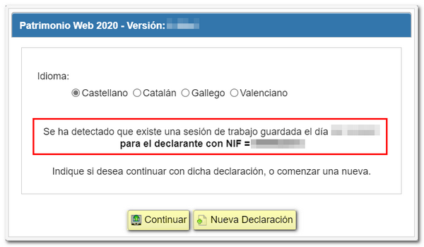 Recuperar sesión o nueva declaración en Patrimonio WEB