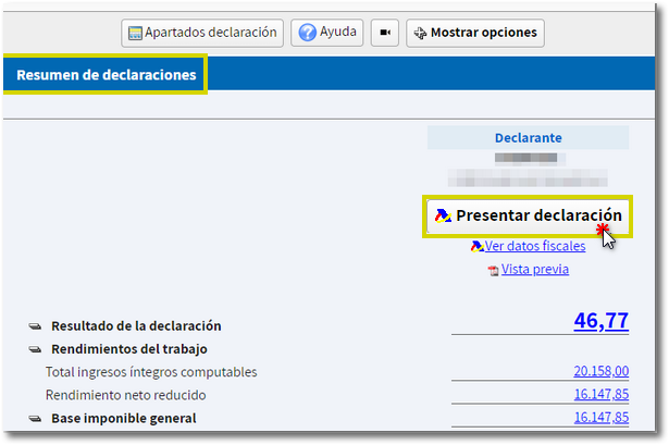 presentar declaración desde el resumen de declaración