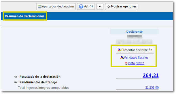 opciones en resumen de declaraciones