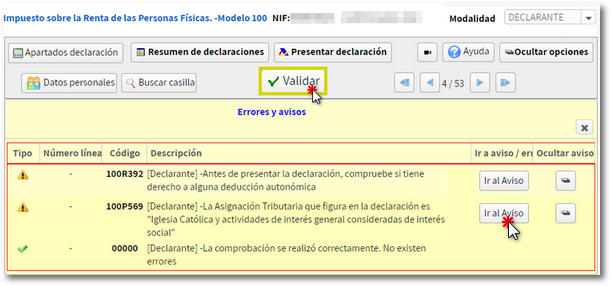 validar avisos y errores