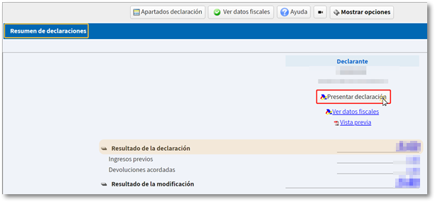 Resumen rectificativa / Presentar declaraci&oacute;n