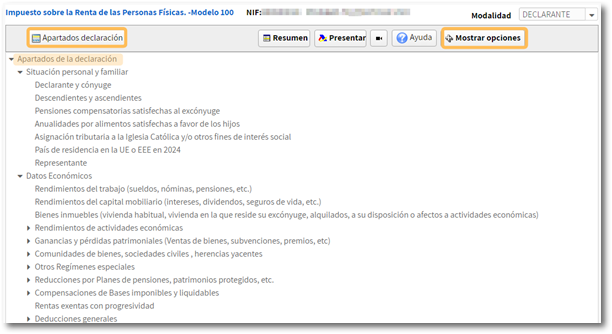 Apartados de la declaraci&oacute;n