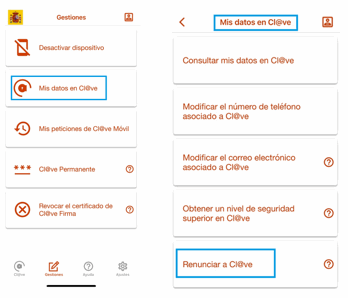 Apartados Os meus datos e Renunciar do sistema de identificación Clave