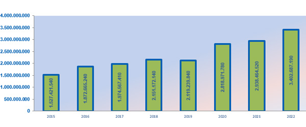 Gráfico que señala el número de visitas desde el 2015 hasta el 2022.