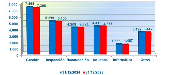 Gráfico en que aparece a distribución entre as diversas áreas de xestión, inspección, recadación, aduanas, informática e outras