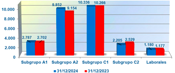 Gráfico en el que se distribuye el número de efectivos entre los diferentes subgrupos