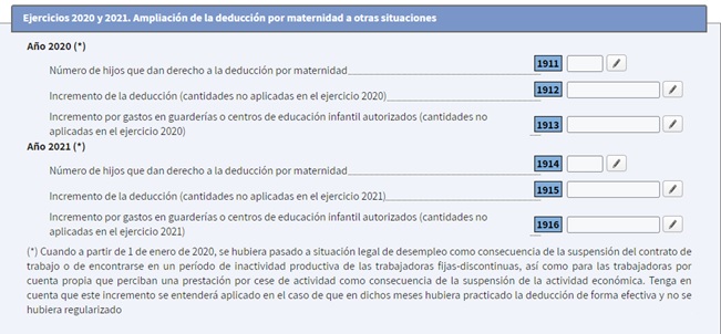 Detail image of the deduction for maternity and other situations, fiscal years 2020 and 2021