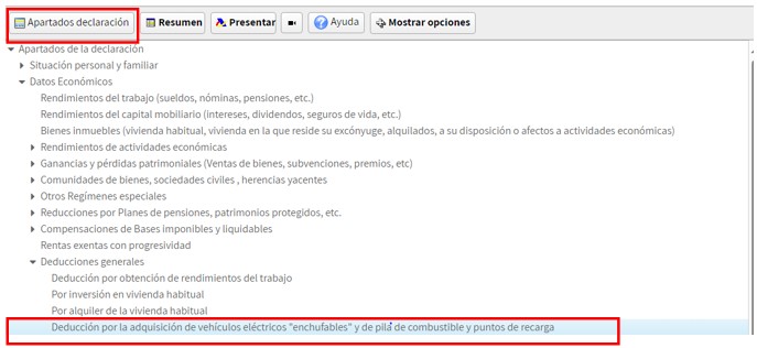 &ldquo;Apartados declaraci&oacute;n&rdquo; de Renta Web sobre la deducci&oacute;n por la adquisici&oacute;n de veh&iacute;culos el&eacute;ctricos "enchufables" y de pila de combustible y puntos de recarga