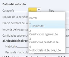 Desplegable per a seleccionar la categoria del vehicle