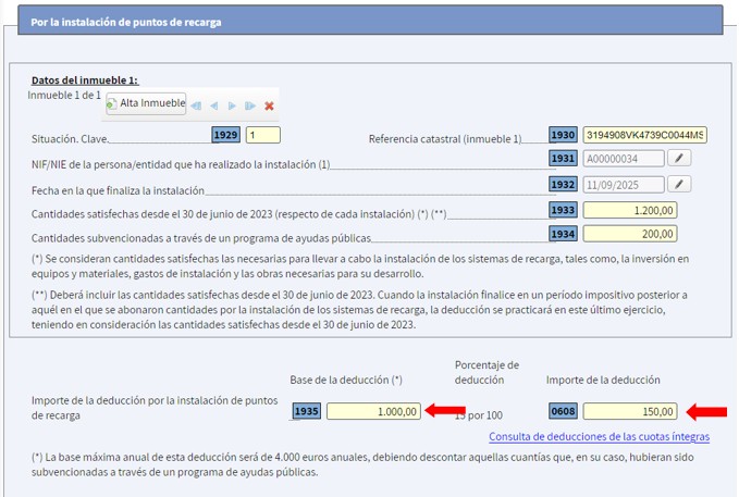 Casillas amb import de la deducció per la instal·lació de punts de recarrega: base de la deducció, percentatge de la deducció i import de la deducció