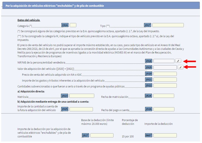 Emplenament de la casella de NIF/NIE de la persona/entitat venedora i valor d'adquisició del vehicle