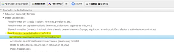 Apartado de rendimientos de actividades económicas y dentro de este, actividades económicas en estimación directa