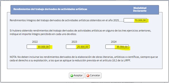 Interior de la casilla para cumplimentar rendimientos &iacute;ntegros del trabajo dedicados de actividades art&iacute;sticas obtenidos, cumplimentados los datos con ejemplo