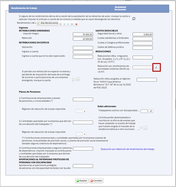 Casilla de reducci&oacute;n por rendimientos de actividades art&iacute;sticas (DA 60 Ley IRPF)