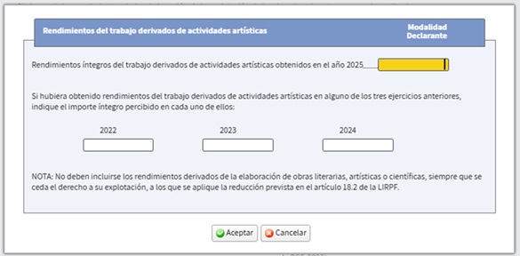 Interior de la casilla para cumplimentar rendimientos &iacute;ntegros del trabajo dedicados de actividades art&iacute;sticas obtenidos