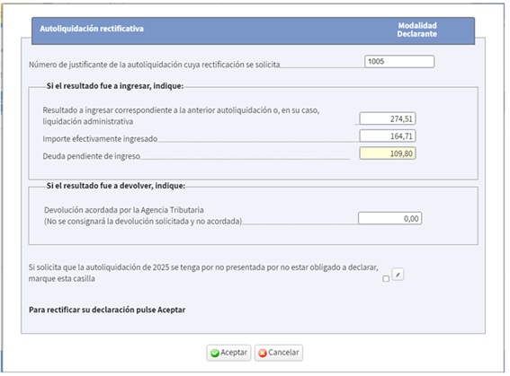 Exemple d'autoliquidació rectificativa