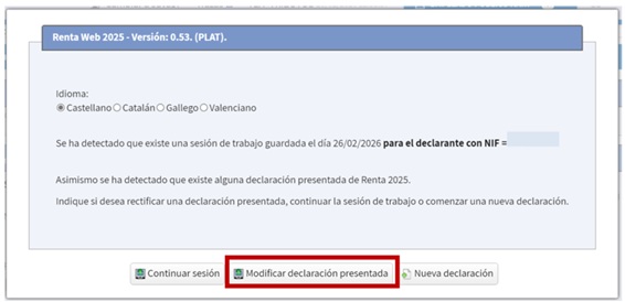 Renda WEB 2025, modificar declaració presentada