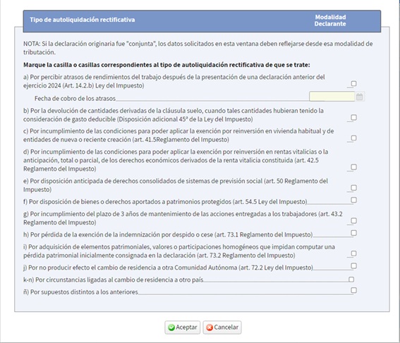 Seleccionar tipus d'autoliquidació rectificativa