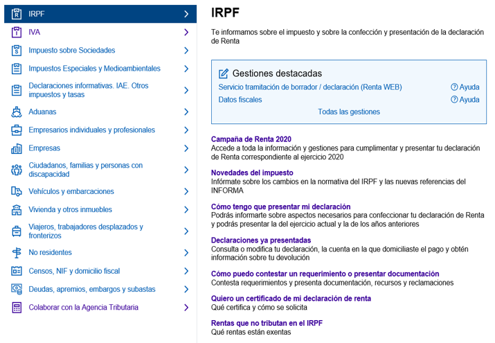 Exemplo tema IRPF, mostra as súas xestións e subtemas