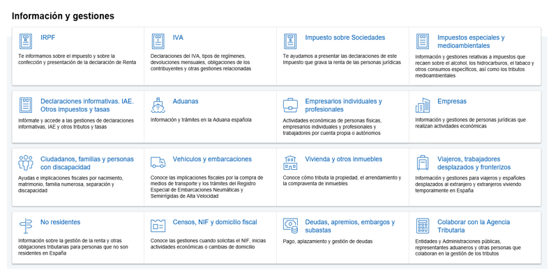 Screenshot of the management block, grouped into 16 topics